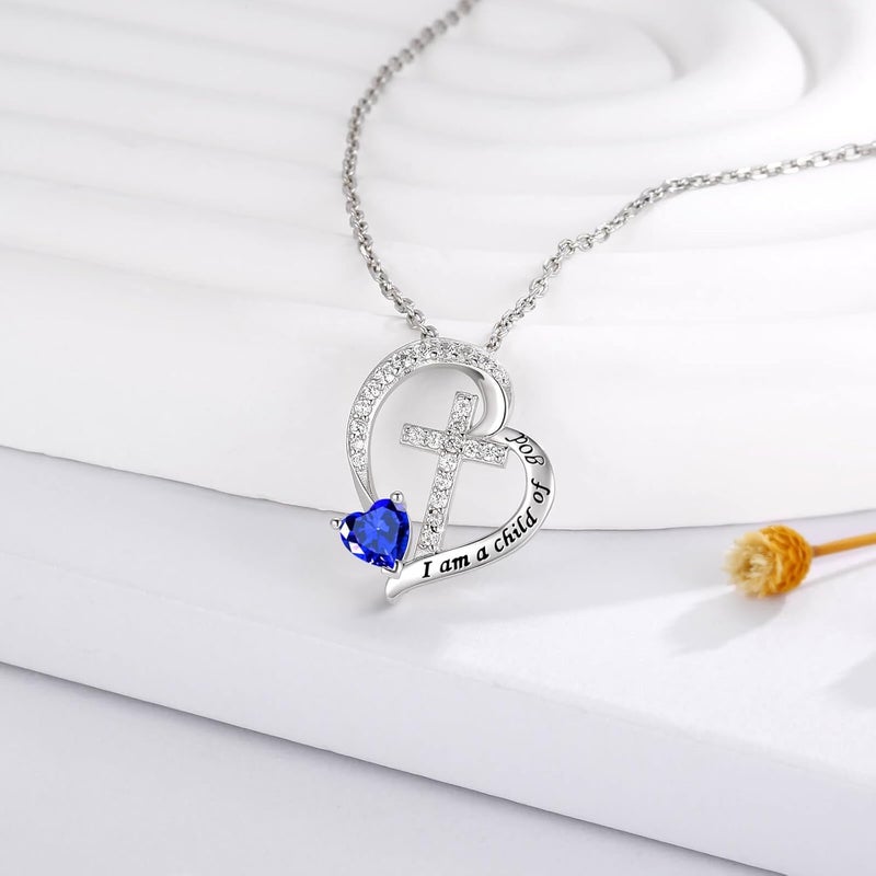 MANBU Sterling Silver Cross Necklace for Girls: Heart Birthstone I am a Child of God Pendant Religious Jewelry Baptism First Communion Confirmation Gifts for Teens - Image 1